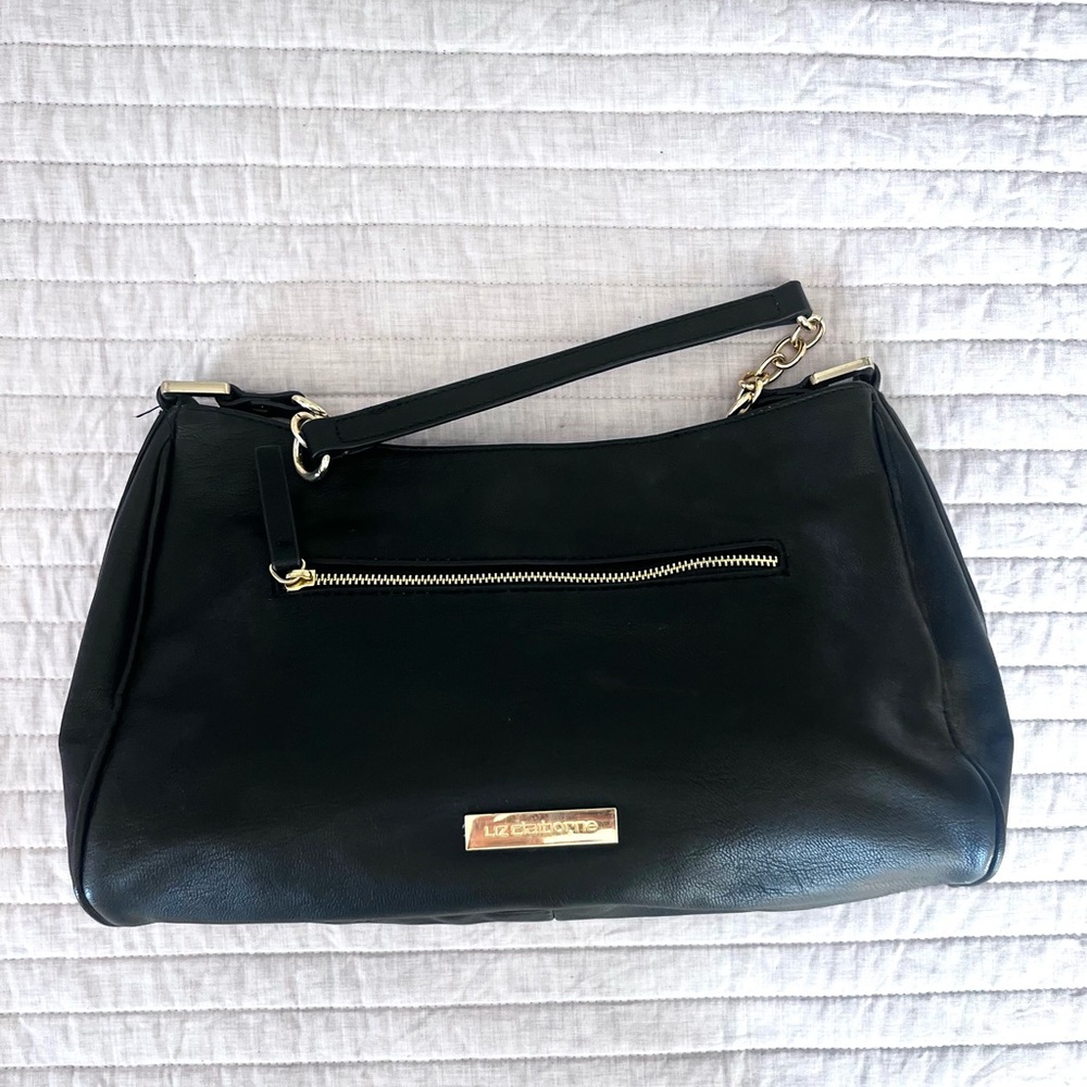 Liz Claiborne Black Leather Shoulder Bag with Gold Hardware